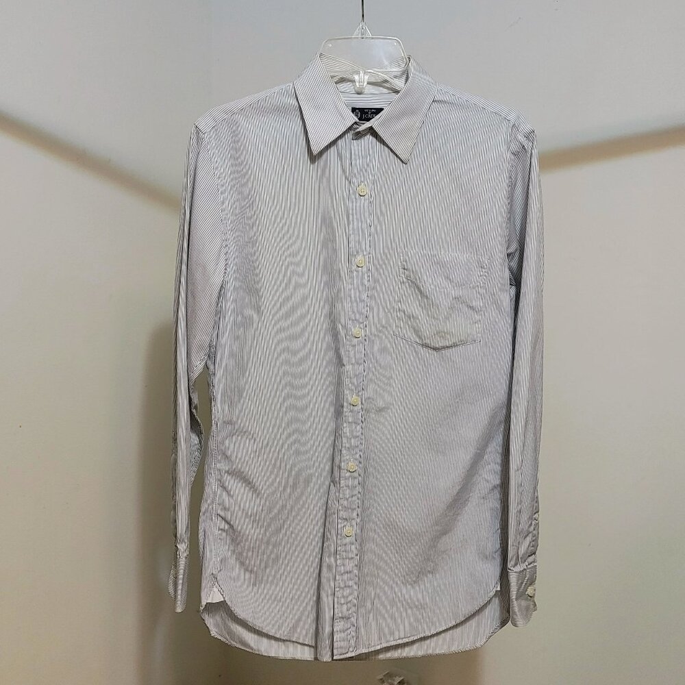 J. Crew Men's White and Blue Pinstripe Button Down Shirt S